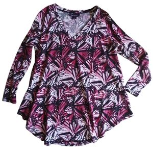 Roaman's Pink Butterfly Print Long Sleeve Waffle V-neck Tunic Tee Sz 12